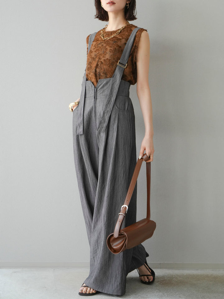 [予約]ストリングデザインハイウエストサロペット/チャコール