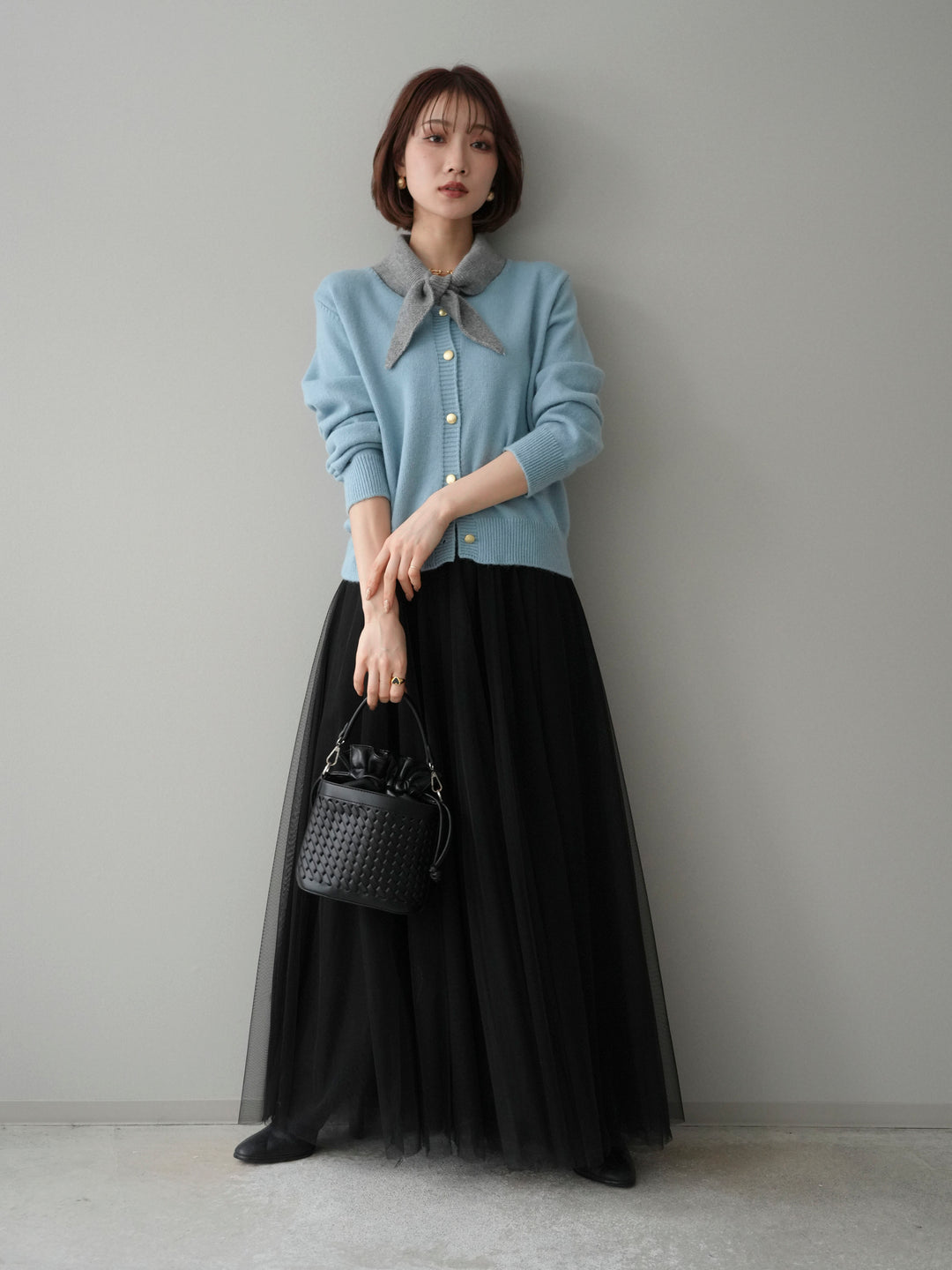 [SET]デザイン襟ニットカーディガン+チュールボリュームスカート(2set)