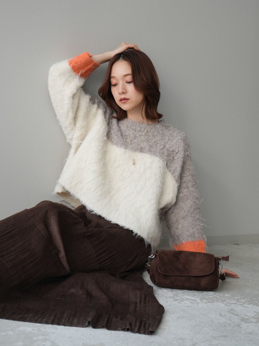 [SET]バイカラーモヘアタッチニットプルオーバー+型押しスエードティアードプリーツスカート(2set)