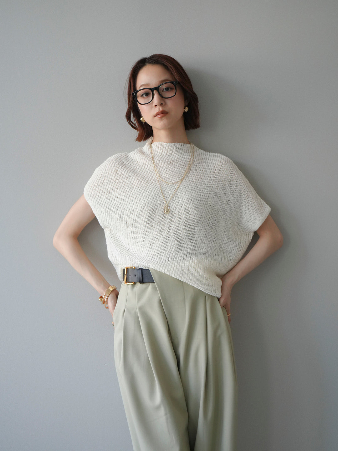 [SET]アシンメトリーローゲージニットトップス+アシンメトリーベルトタックワイドパンツ(2set)