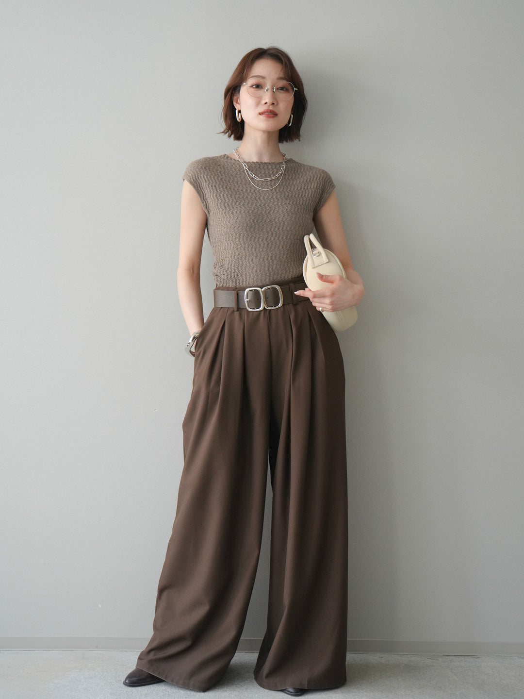 [予約]ダブルバックルベルト付ワイドパンツ/mocha