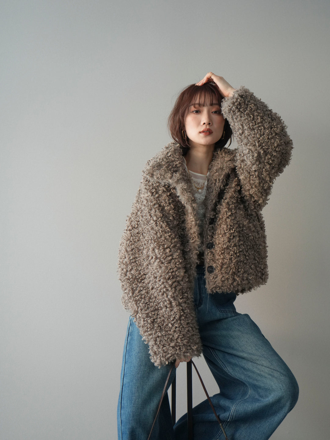 [SET]プードルファーミドルスタンドブルゾン+ベルト付裏起毛カーブデニムパンツ(2set)