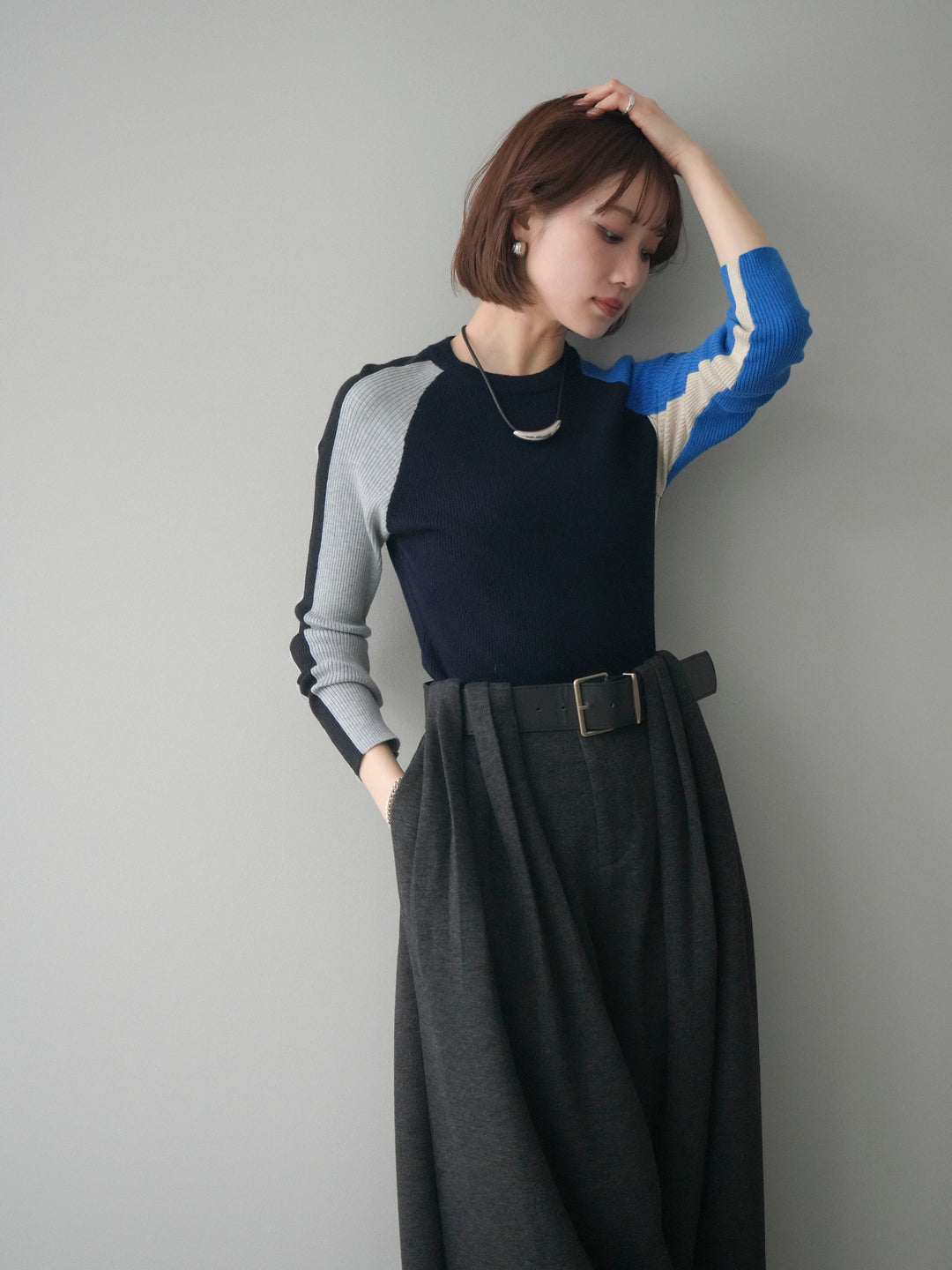 [SET]バイカラーラグランニットトップス+ベルトデザインループウールワイドパンツ(ベルト付)(2set)