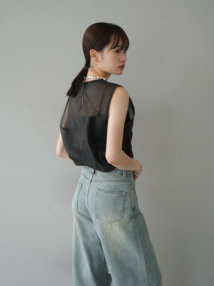 [SET] Organdy sleeveless top + belt asymmetrical damaged denim (2set)