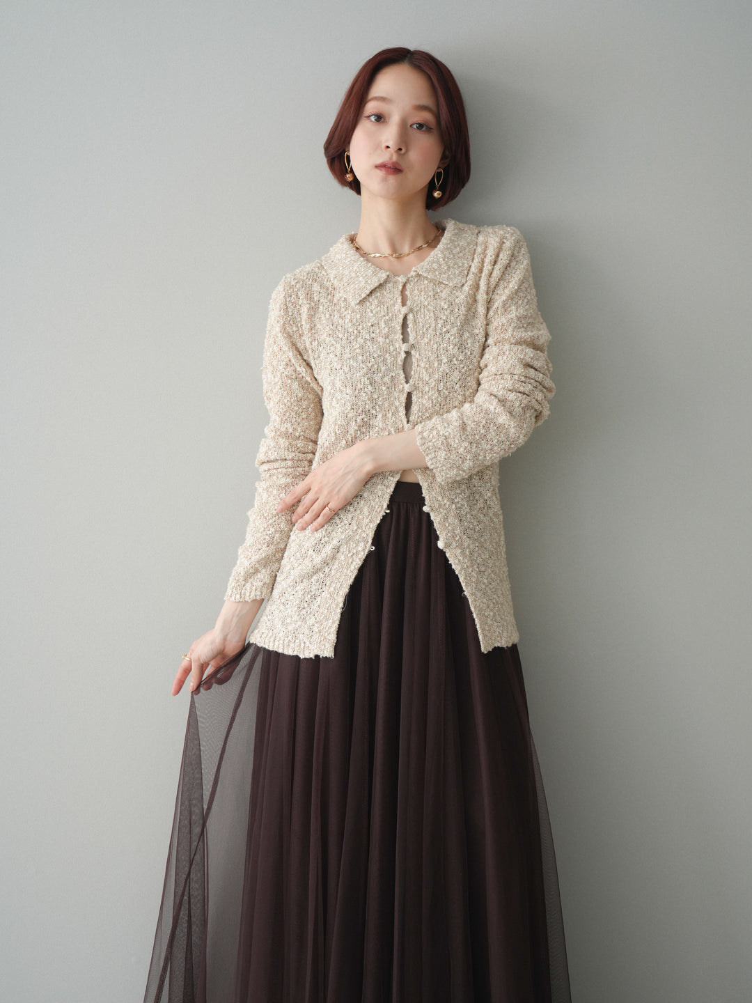 [予約]透かし編みブークレポロニットトップス/beige