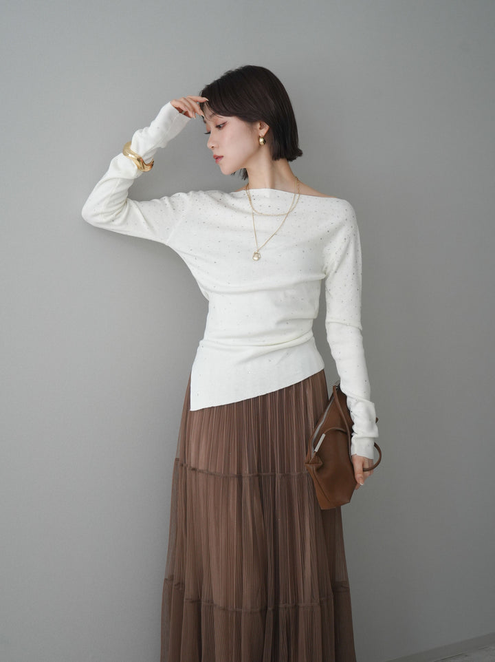 [SET]ラインストーンアシンメトリーニットトップス+ラメプリーツレイヤードチュールロングスカート(2set)