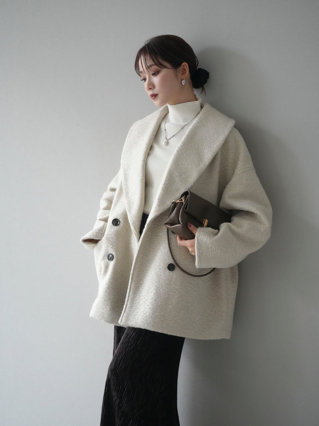 [予約]ロービング襟付きミドルコクーンコート/ivory