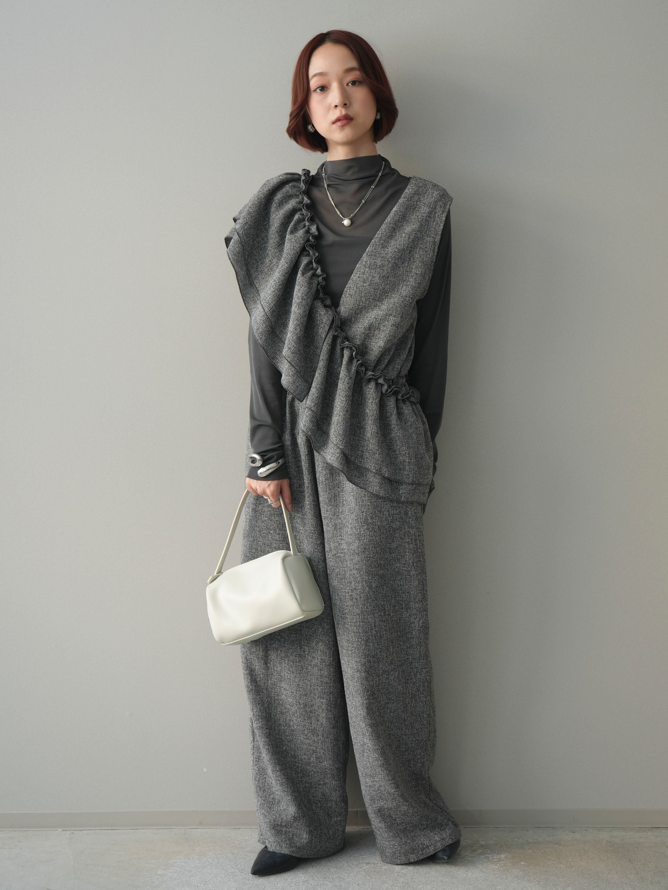 SET]3WAYミックスツイードギャザーオールインワン+シアープチネック