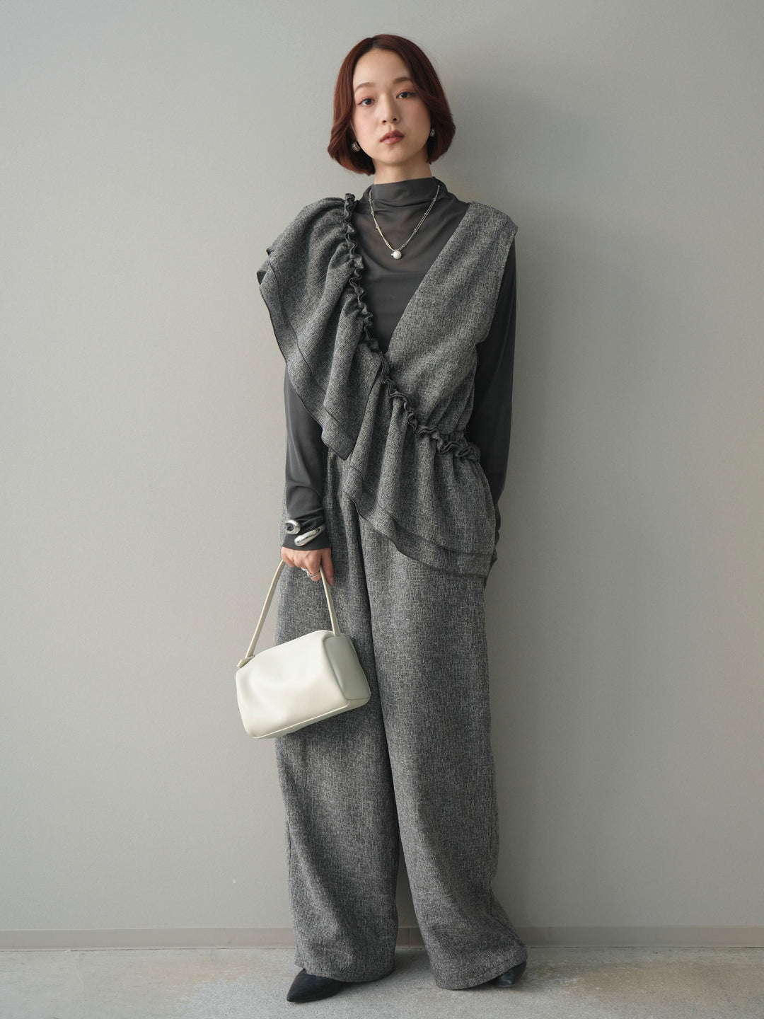 [SET]3WAYミックスツイードギャザーオールインワン+シアープチネックストレッチトップス(2set)