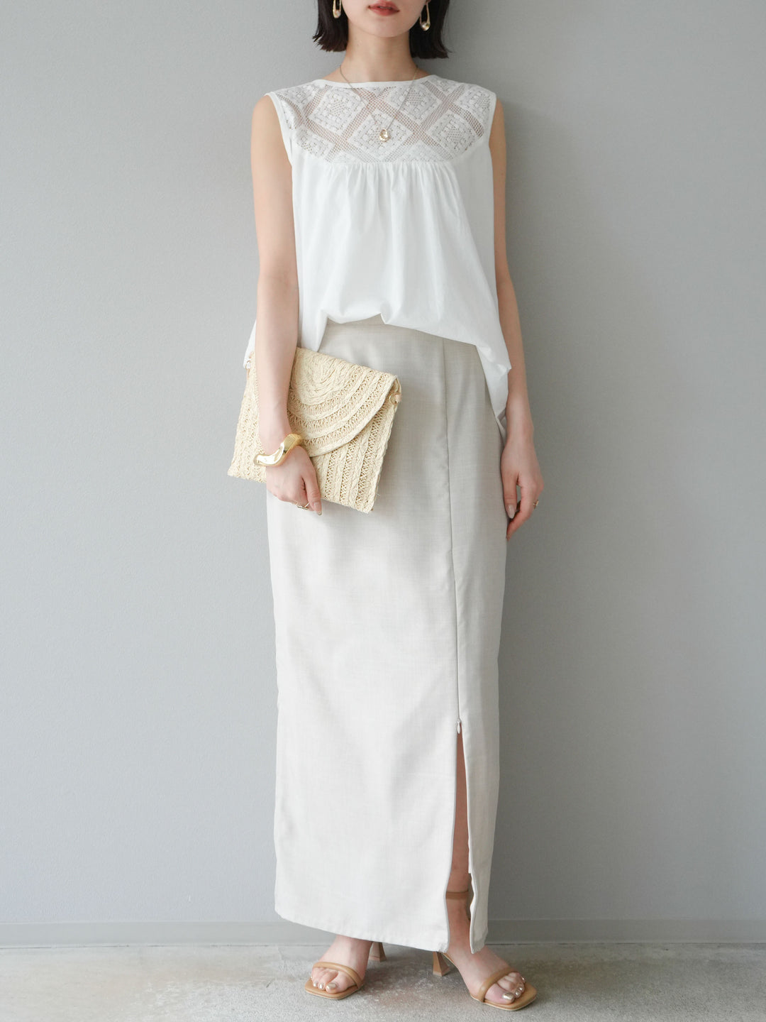 [予約]インド製コットンレース切替ノースリブラウス/オフ