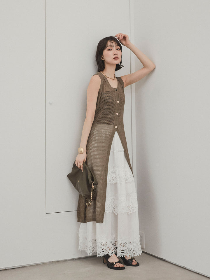 [SET]アソートボタンニットロングジレ+スカラップレースロングスカート(2set)