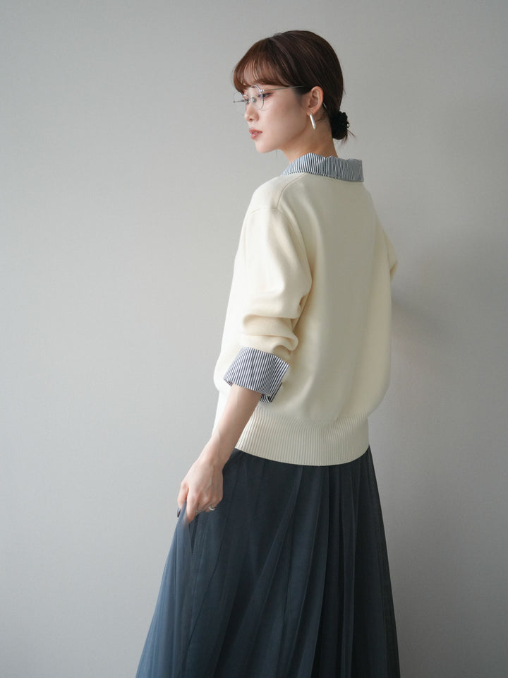 [予約]シャツドッキングデザイン裾ボタンニットプルオーバー/beige