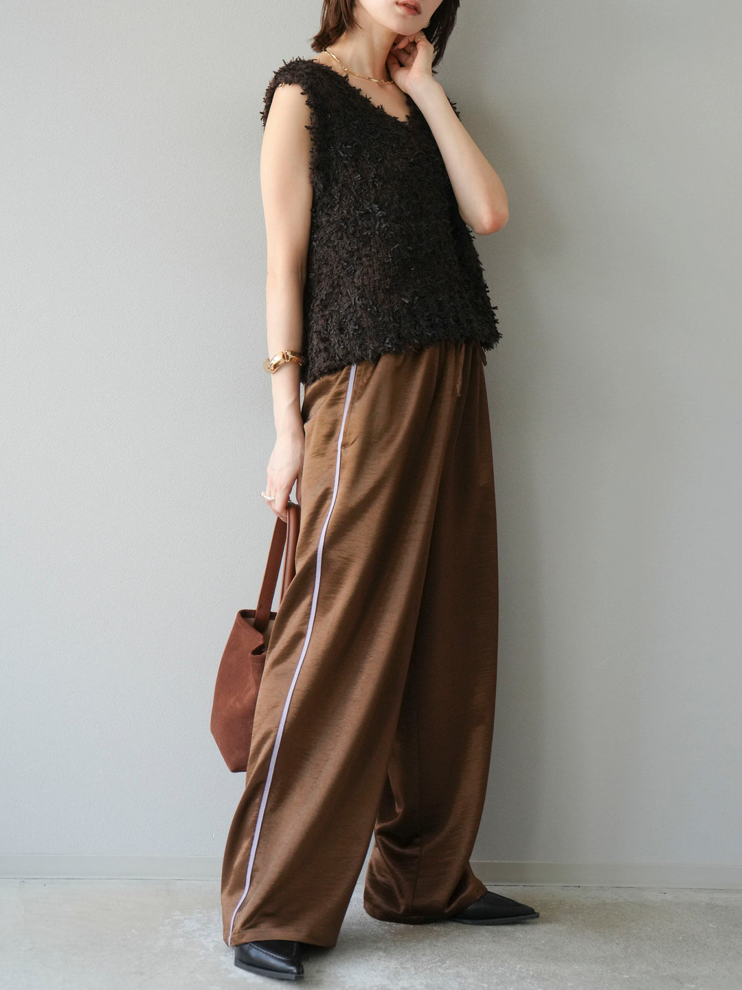 [予約]サテンラインワイドパンツ/ブラウン