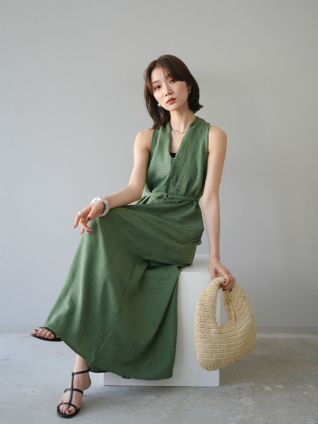 [予約]ループデザインムラ染めワンピース/グリーン