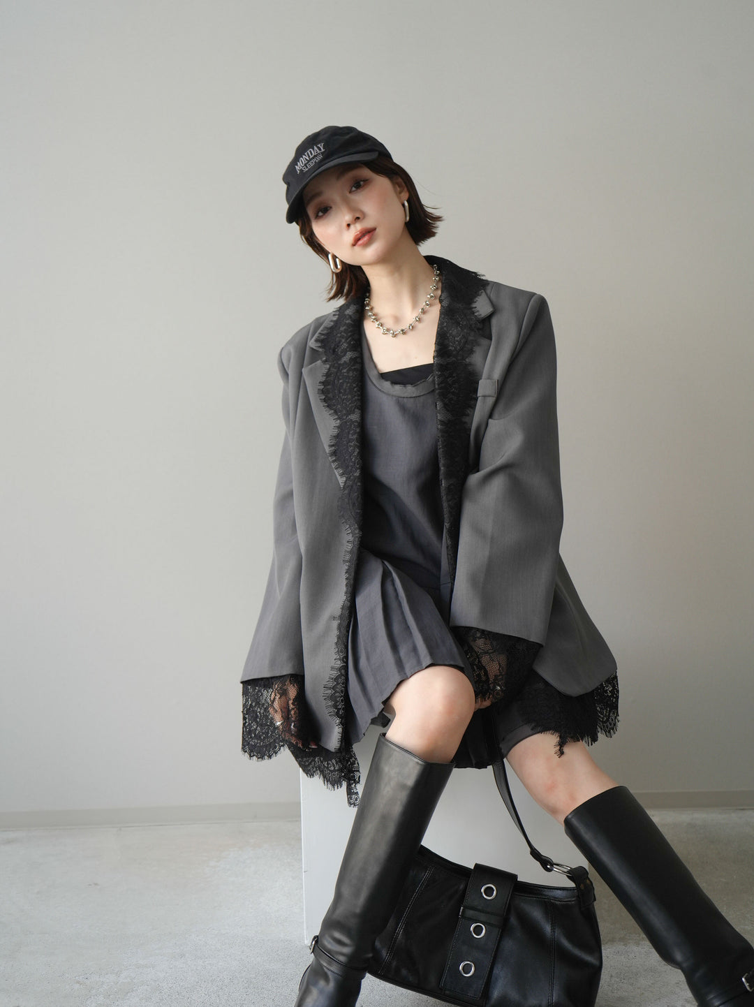 [予約]チュールドッキング裾プリーツミニワンピース/charcoal
