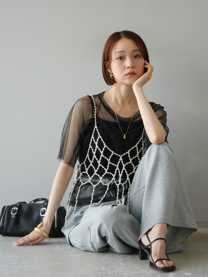 [SET]ラメチュールシャーリングプルオーバー+パールフリンジビスチェ+ウエストラインサイドポケットスウェットパンツ(3set)