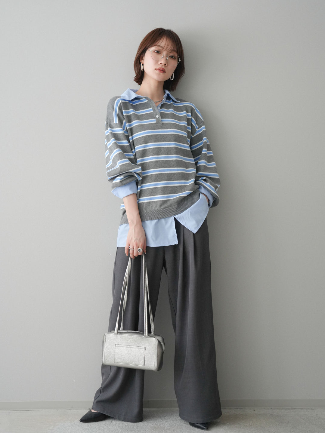 [予約]ウエストバイカラータックワイドパンツ/gray