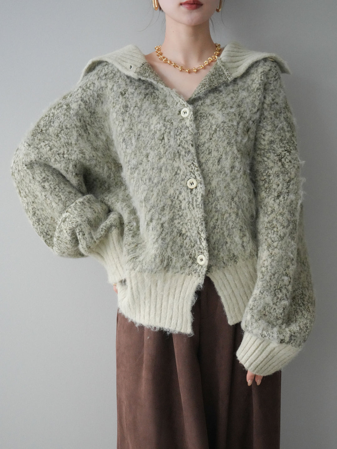 [予約]リブ切替メランジニットカーディガン/green