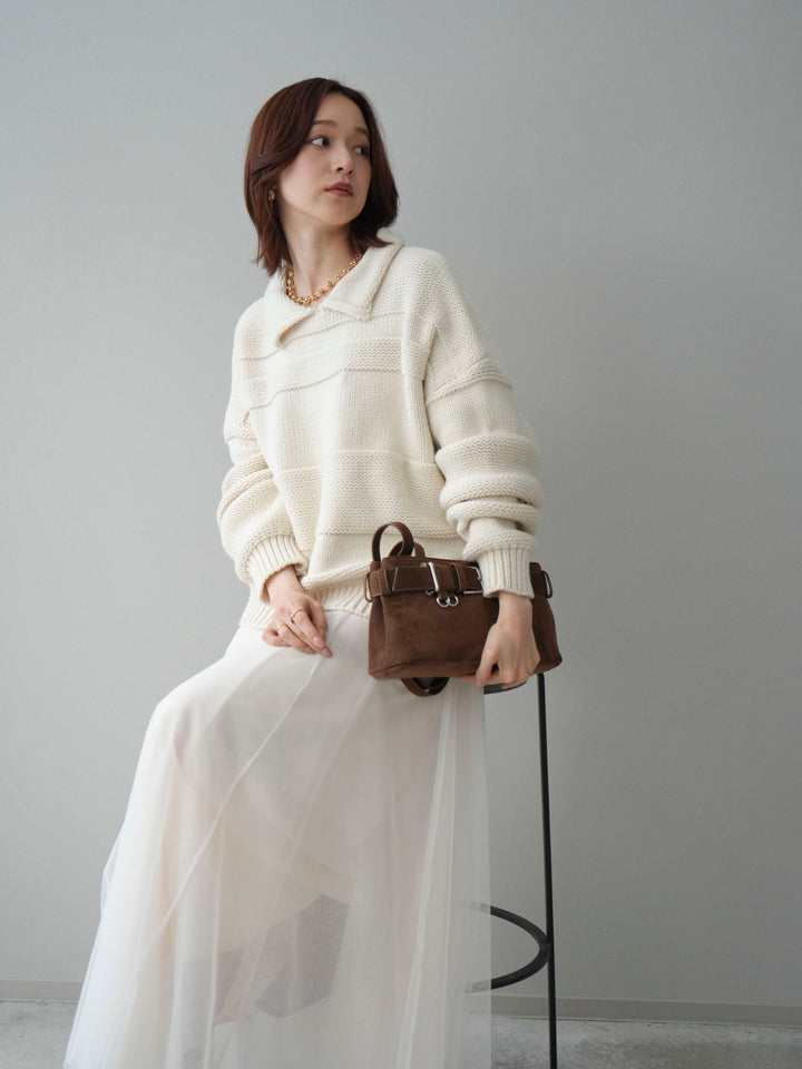 [SET]襟付きボーダー編みニットプルオーバー+チュールボリュームスカート(2set)