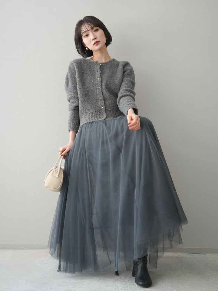 [SET]ゴールドボタンブークレニットカーディガン+チュールボリュームスカート(2set)