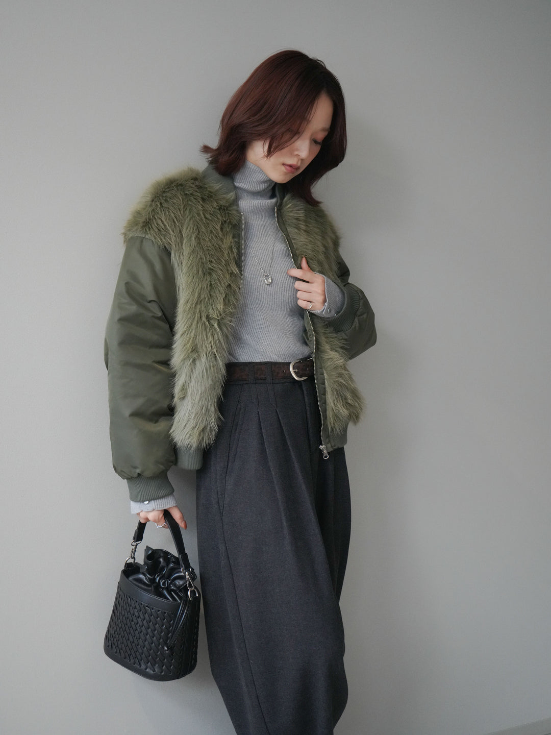 [SET]ファードッキングMA-1+アニマル柄ベルト付きウールタッチワイドパンツ(2set)