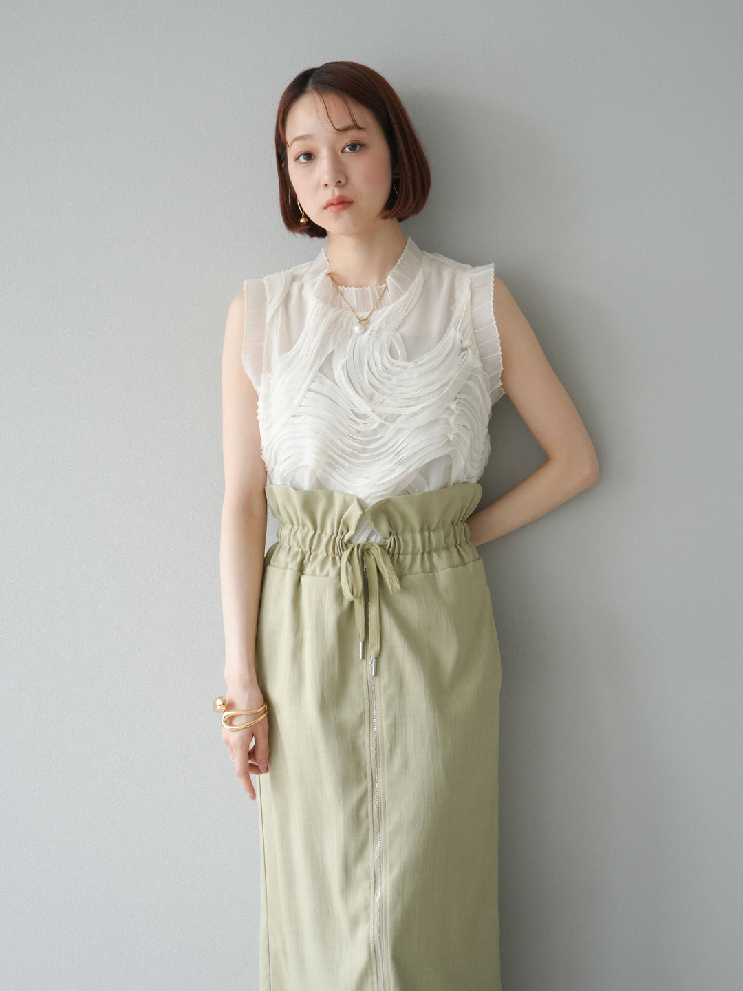 [SET]チュールジャガードノースリブラウス+ヘザーエステルギャザージップスカート(2set)