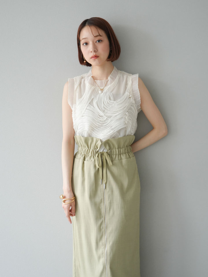 [SET]チュールジャガードノースリブラウス+ヘザーエステルギャザージップスカート(2set)