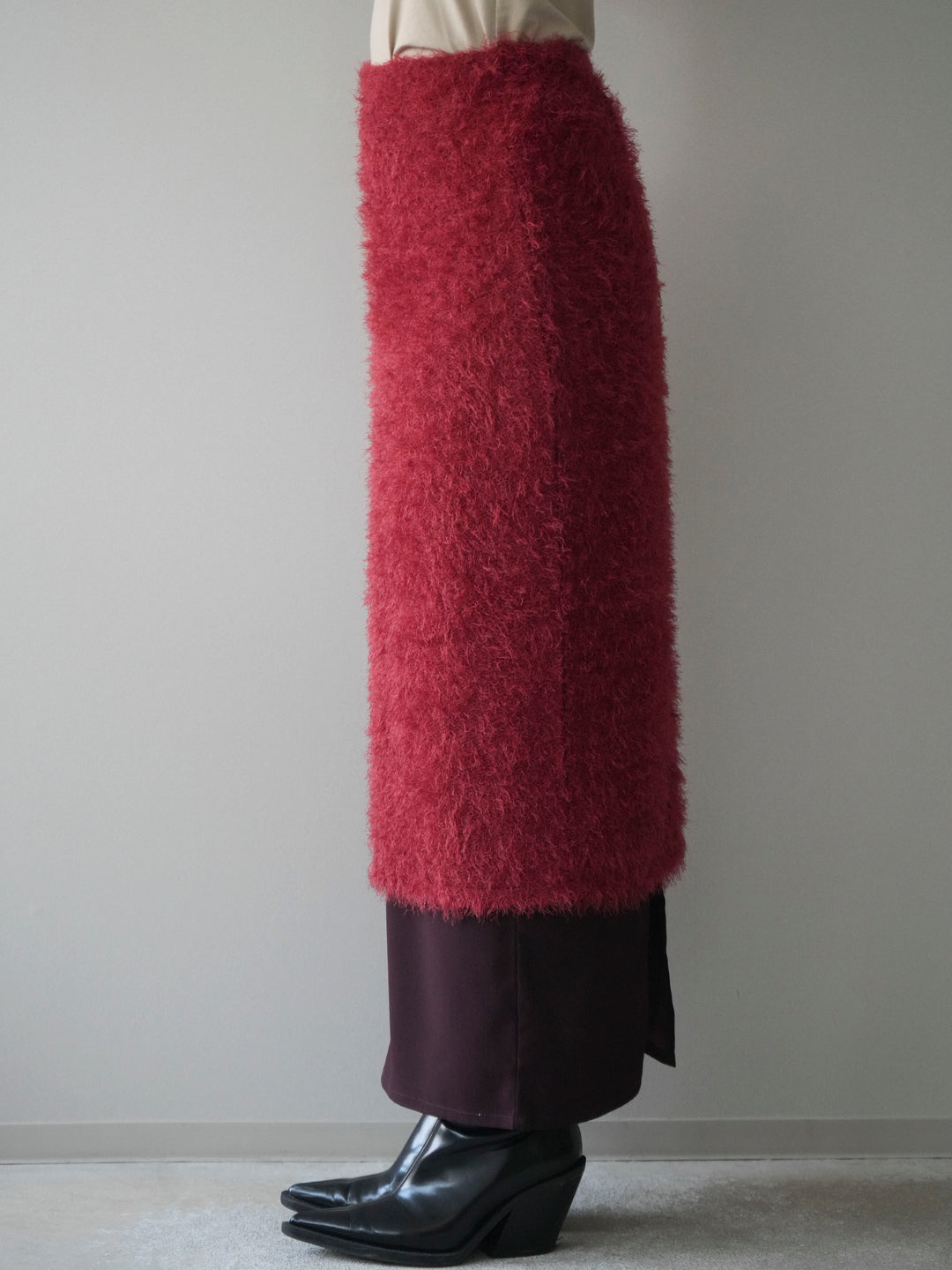 [予約]異素材バイカラーレイヤードシャギーニットスカート/red