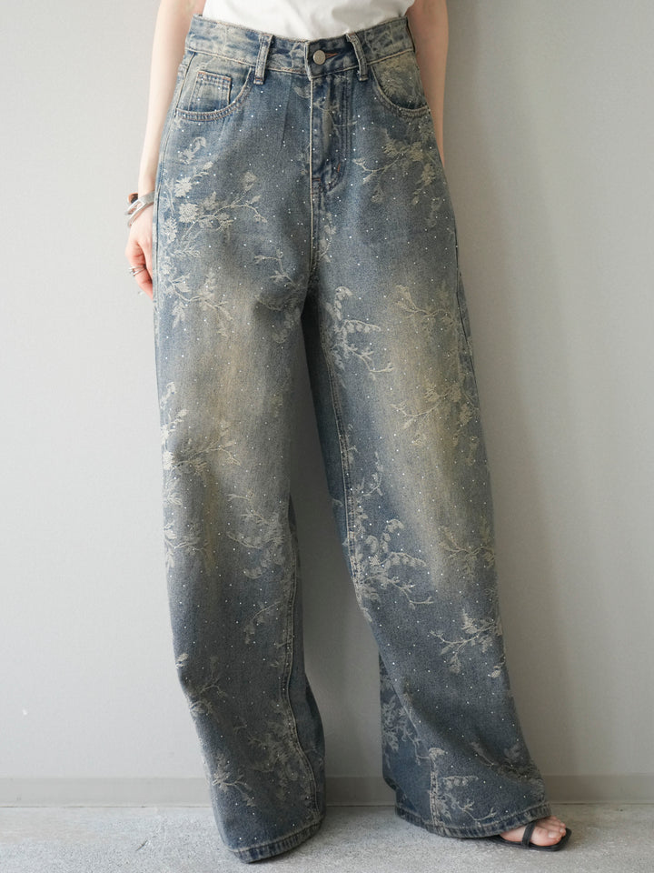 [予約]フラワー刺繍ビジューワイドデニムパンツ/blue