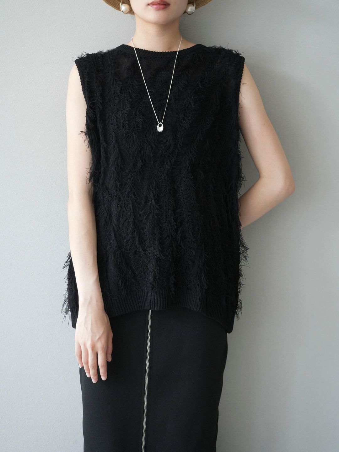 [Pre-order] Mixed fringe knit top/black