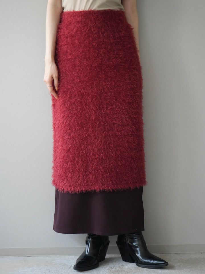 [予約]異素材バイカラーレイヤードシャギーニットスカート/red