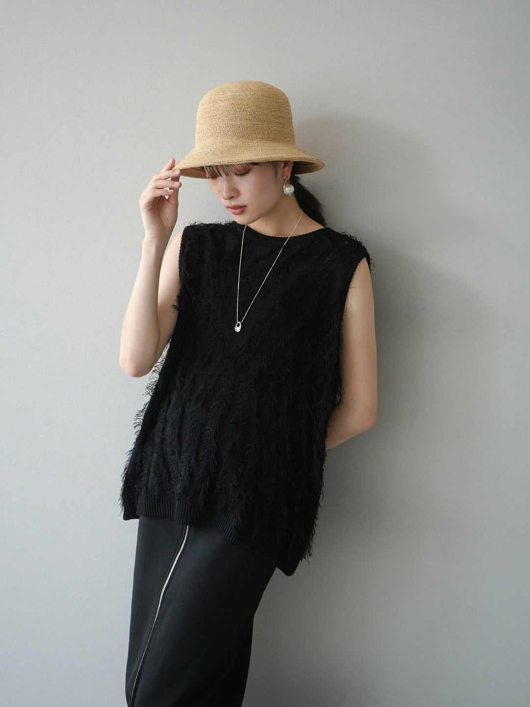 [Pre-order] Mixed fringe knit top/black