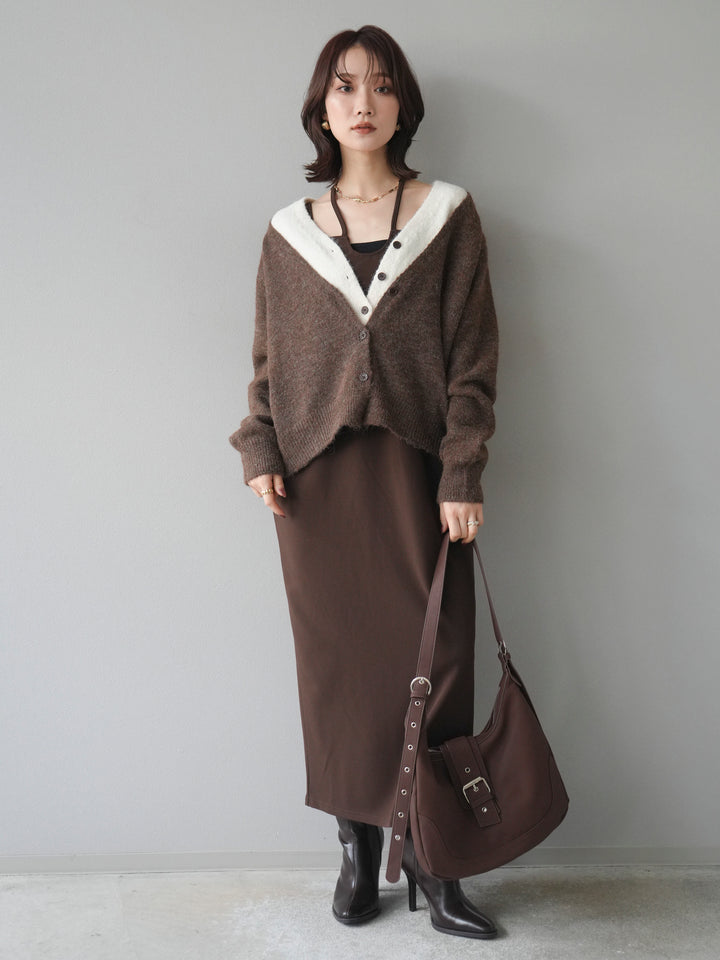 [予約]配色レイヤードニットカーディガン/brown