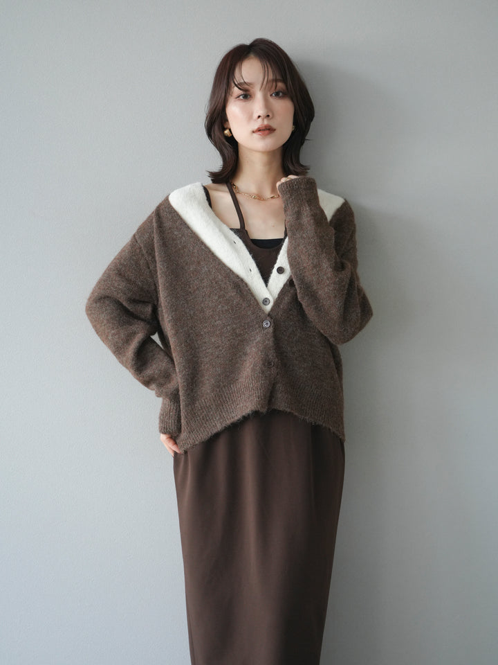 [予約]配色レイヤードニットカーディガン/brown