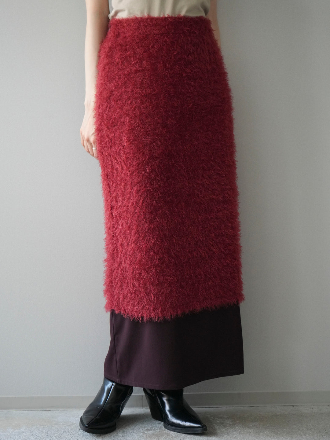 [予約]異素材バイカラーレイヤードシャギーニットスカート/red