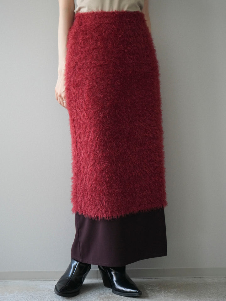 [予約]異素材バイカラーレイヤードシャギーニットスカート/red