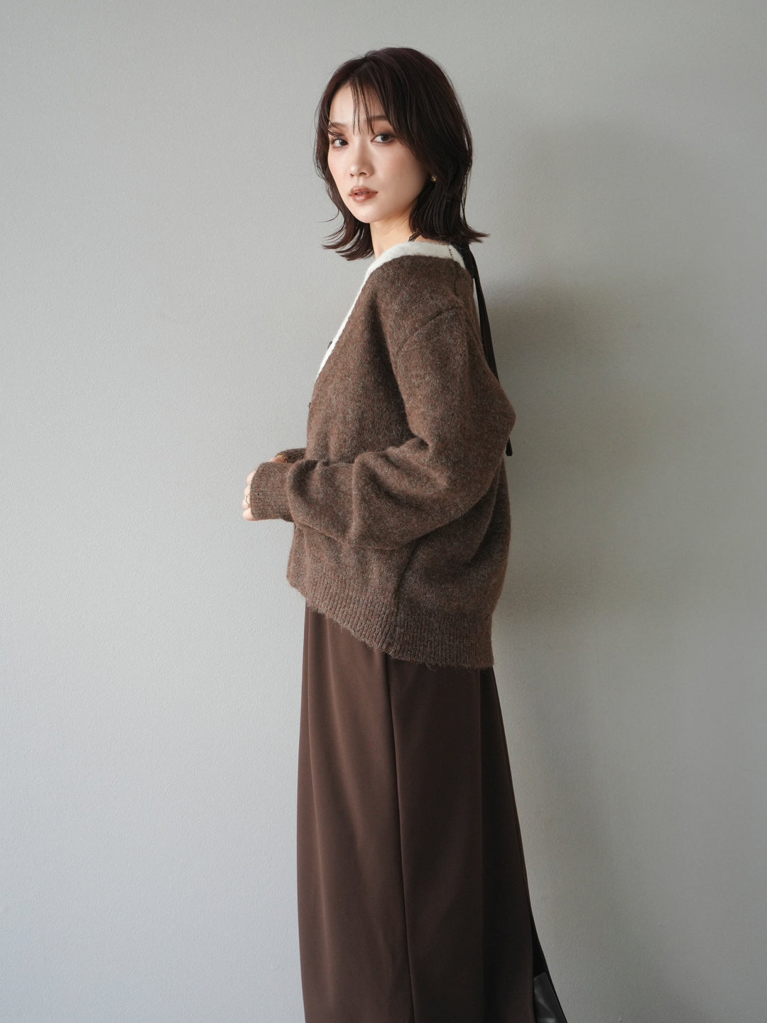 [予約]配色レイヤードニットカーディガン/brown