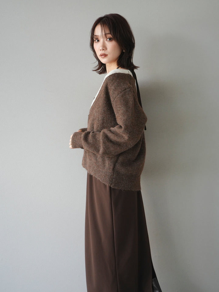 [予約]配色レイヤードニットカーディガン/brown