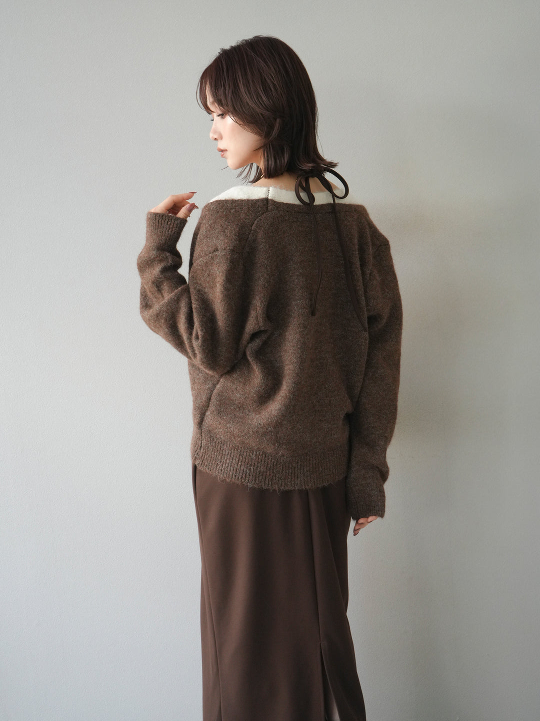 [予約]配色レイヤードニットカーディガン/brown