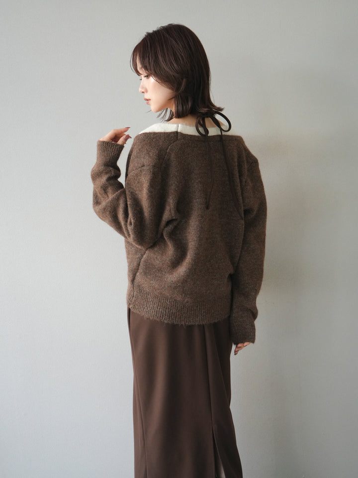 [予約]配色レイヤードニットカーディガン/brown