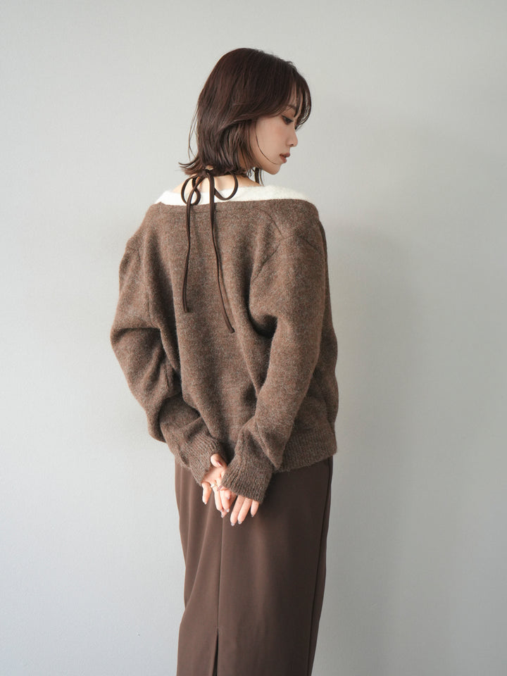 [予約]配色レイヤードニットカーディガン/brown
