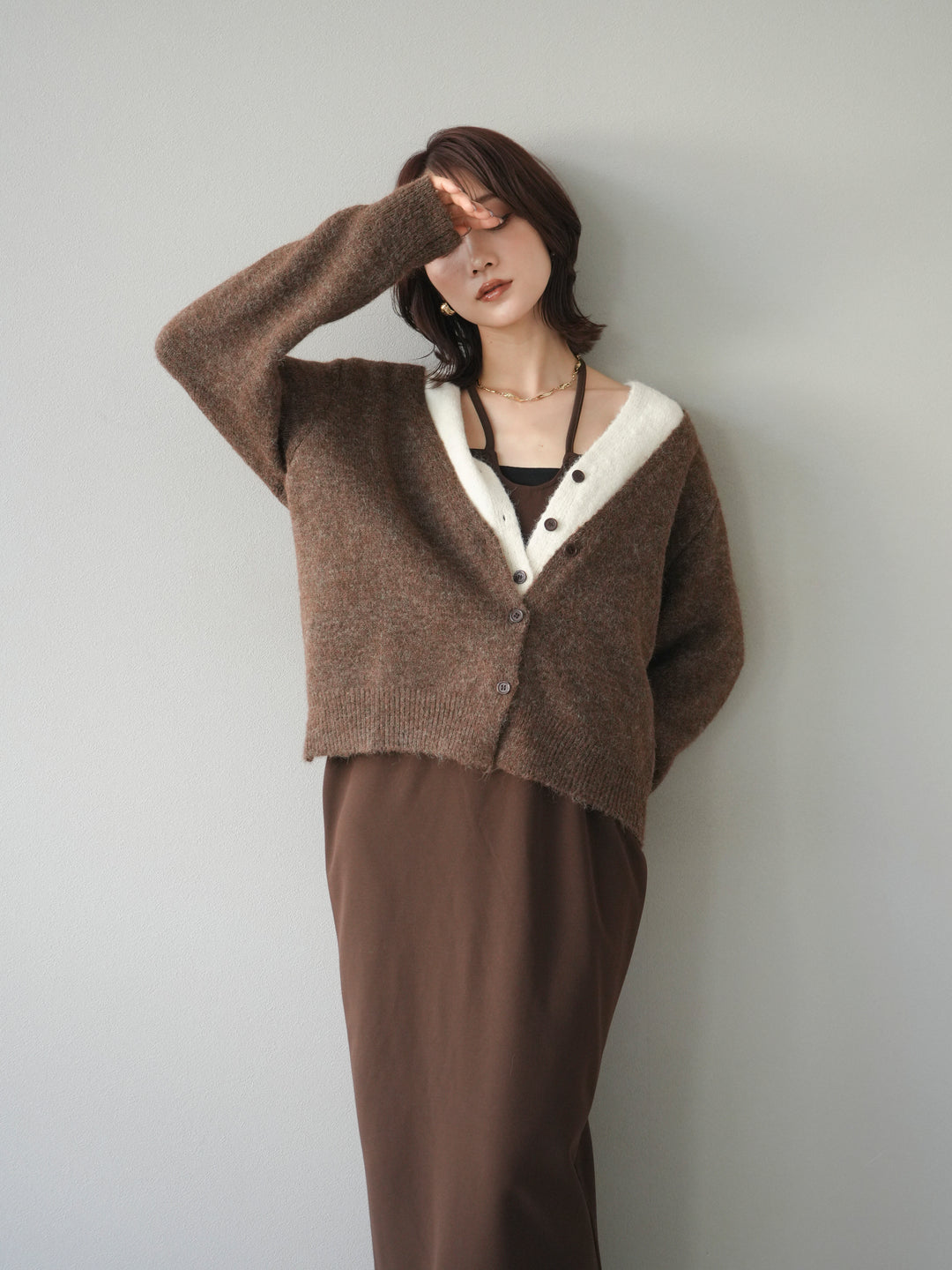 [予約]配色レイヤードニットカーディガン/brown