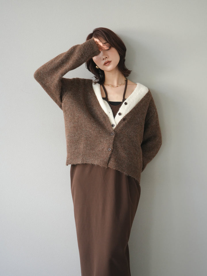 [予約]配色レイヤードニットカーディガン/brown