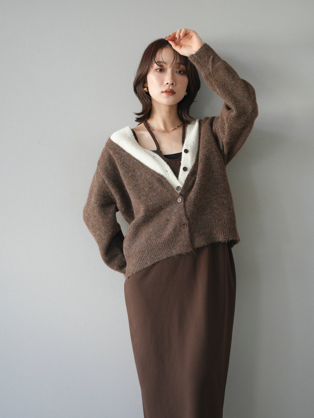 [予約]配色レイヤードニットカーディガン/brown