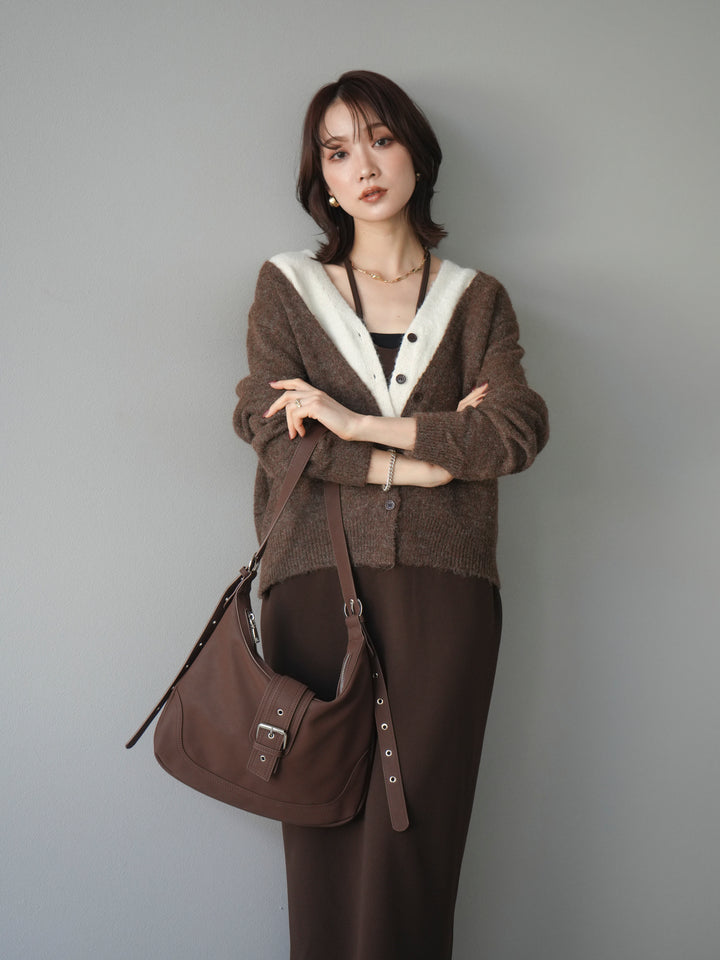 [予約]配色レイヤードニットカーディガン/brown