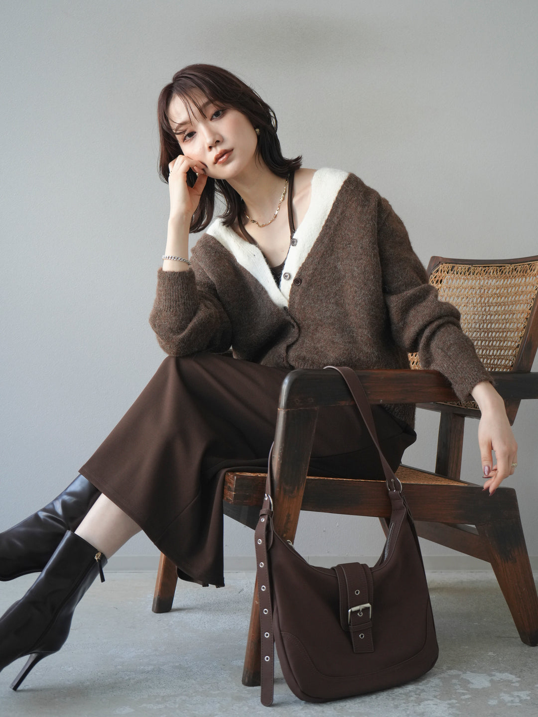 [予約]配色レイヤードニットカーディガン/brown