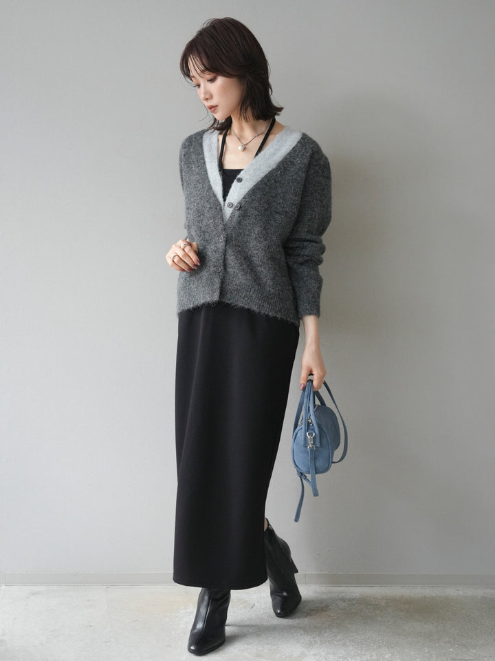 [予約]配色レイヤードニットカーディガン/gray