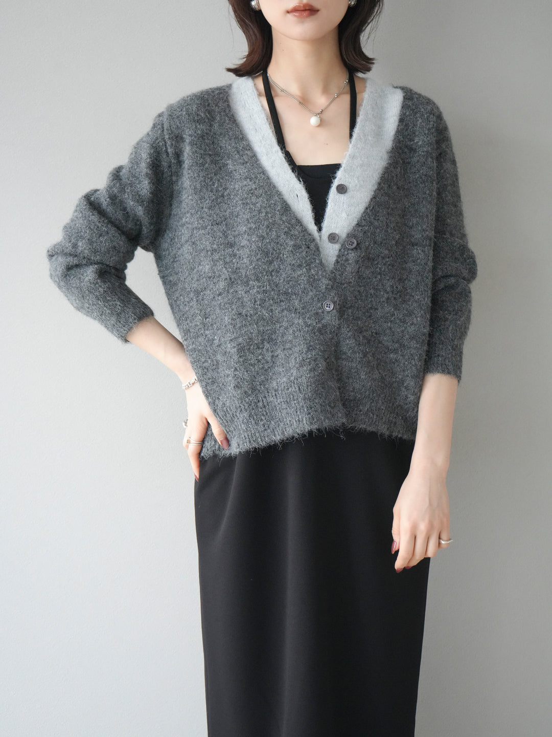 [予約]配色レイヤードニットカーディガン/gray