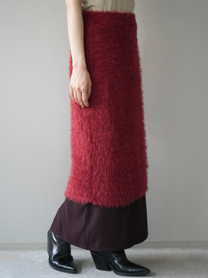 [予約]異素材バイカラーレイヤードシャギーニットスカート/red