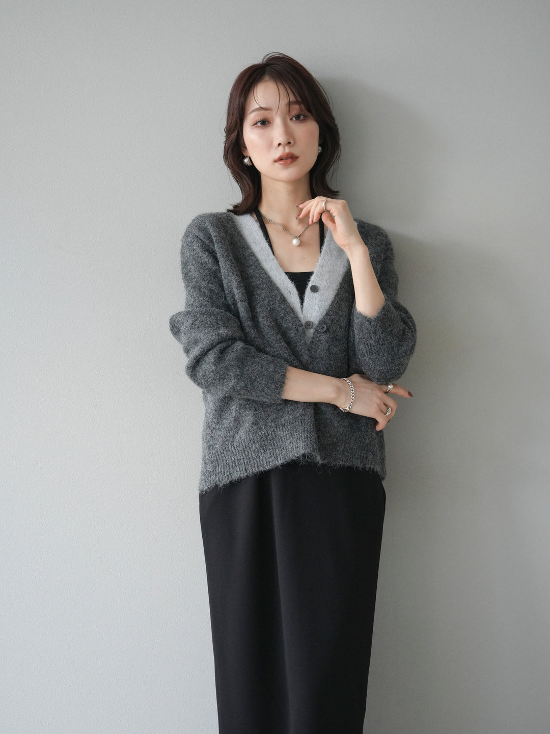 [予約]配色レイヤードニットカーディガン/gray